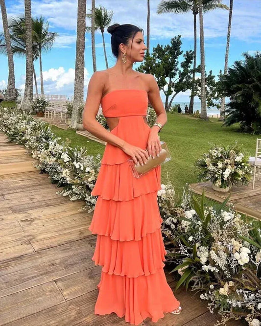 Elegant A-line Strapless Cutout Tiered Ruffle Floor Length Maxi Prom Dress