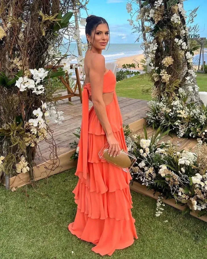 Elegant A-line Strapless Cutout Tiered Ruffle Floor Length Maxi Prom Dress
