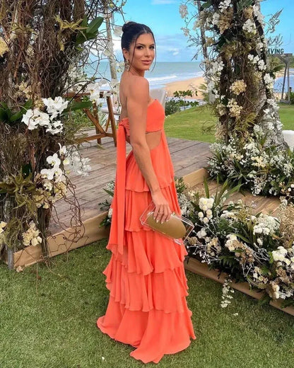 Elegant A-line Strapless Cutout Tiered Ruffle Floor Length Maxi Prom Dress