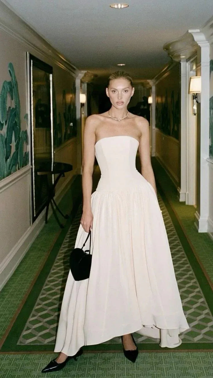Elegant A-line Strapless Sleeveless Ruched Ivory Floor-length Prom Dress for Women Ready to Ship