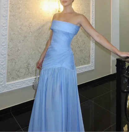 Elegant A-line Strapless Sleeveless Ruched Sky Blue Maxi Prom Dress for Women Ready to Ship