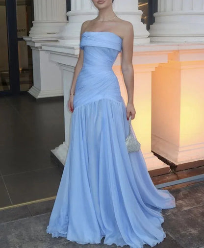 Elegant A-line Strapless Sleeveless Ruched Sky Blue Maxi Prom Dress for Women Ready to Ship