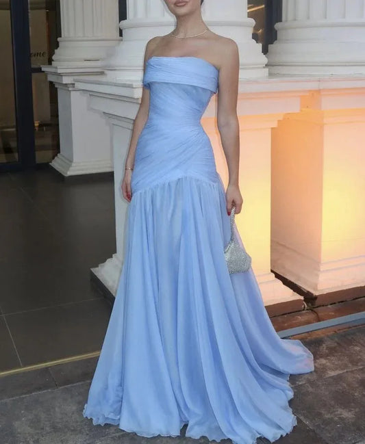 Elegant A-line Strapless Sleeveless Ruched Sky Blue Maxi Prom Dress for Women Ready to Ship
