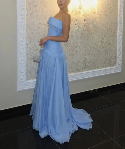 Elegant A-line Strapless Sleeveless Ruched Sky Blue Maxi Prom Dress for Women Ready to Ship