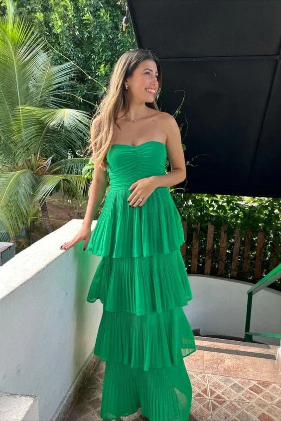 Elegant A-line Strapless Tiered Ruffle Floor Length Maxi Dress Evening Dress