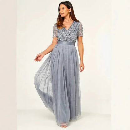 Elegant A-line V-neck Short-sleeved Sequin Dusty Grey Maxi Prom Dress for Women Hot Sale