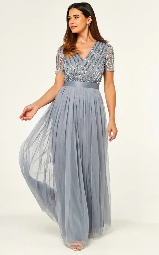 Elegant A-line V-neck Short-sleeved Sequin Dusty Grey Maxi Prom Dress for Women Hot Sale