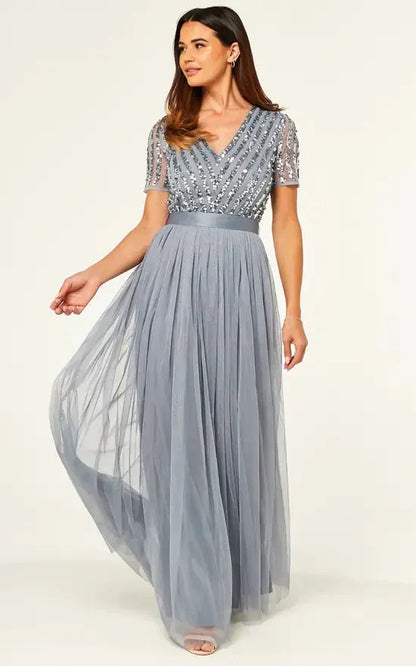 Elegant A-line V-neck Short-sleeved Sequin Dusty Grey Maxi Prom Dress for Women Hot Sale