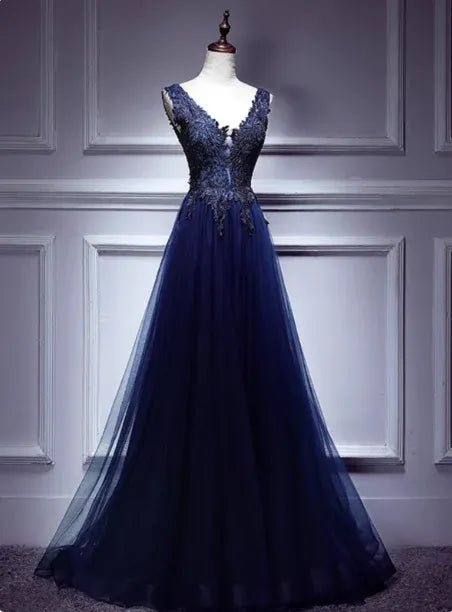 Elegant A-line V-neck Sleeveless Lace Navy Blue Maxi Prom Dress for Women Ready to Ship