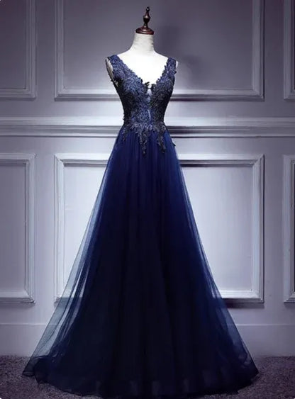 Elegant A-line V-neck Sleeveless Lace Navy Blue Maxi Prom Dress for Women Ready to Ship
