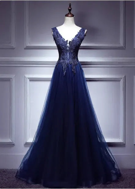 Elegant A-line V-neck Sleeveless Lace Navy Blue Maxi Prom Dress for Women Ready to Ship