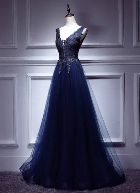 Elegant A-line V-neck Sleeveless Lace Navy Blue Maxi Prom Dress for Women Ready to Ship