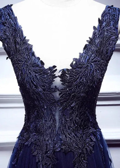 Elegant A-line V-neck Sleeveless Lace Navy Blue Maxi Prom Dress for Women Ready to Ship