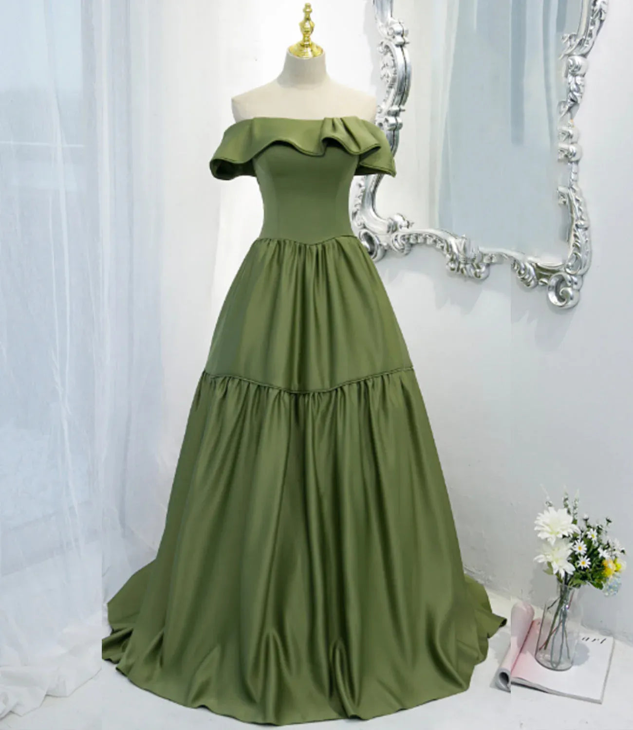 Elegant A Line Off the Shoulder Sleeveless Satin Sweep/Brush Train Prom Dress