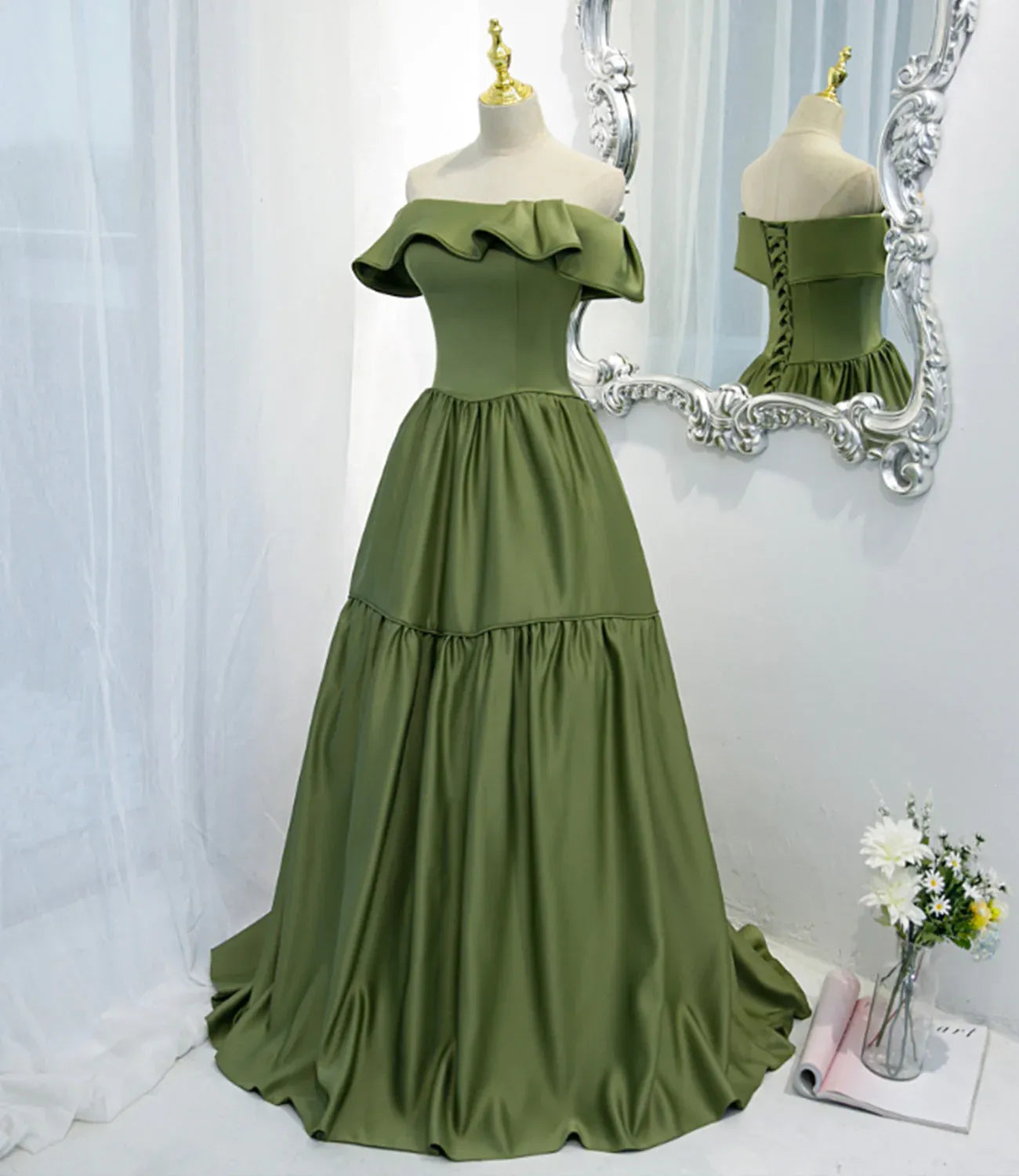 Elegant A Line Off the Shoulder Sleeveless Satin Sweep/Brush Train Prom Dress