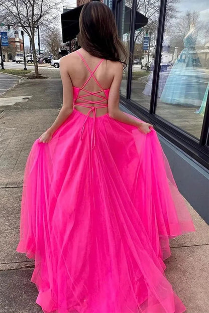 Elegant A Line Spaghetti Straps Sleeveless Backless Floor-Length Prom Dress