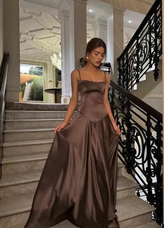 Elegant A Line Spaghetti Straps Sleeveless Satin Floor-Length Prom Dress