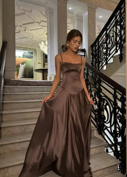 Elegant A Line Spaghetti Straps Sleeveless Satin Floor-Length Prom Dress