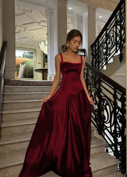 Elegant A Line Spaghetti Straps Sleeveless Satin Floor-Length Prom Dress