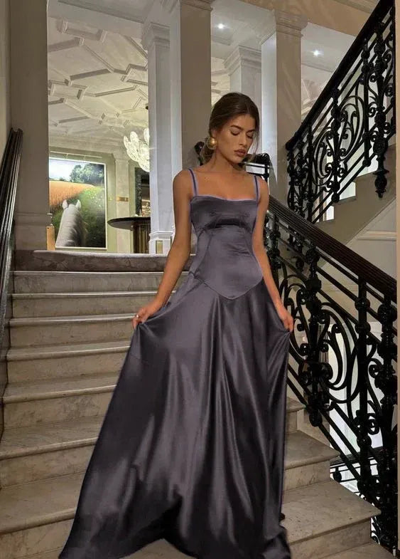 Elegant A Line Spaghetti Straps Sleeveless Satin Floor-Length Prom Dress
