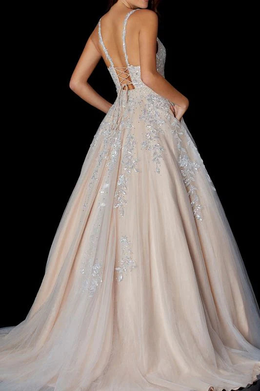 Elegant A Line Spaghetti Straps Sleeveless Tulle Floor-Length Prom Dress