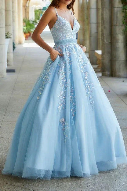 Elegant A Line Spaghetti Straps Sleeveless Tulle Floor-Length Prom Dress