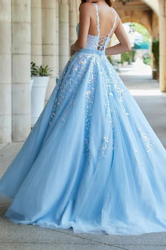 Elegant A Line Spaghetti Straps Sleeveless Tulle Floor-Length Prom Dress