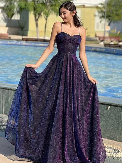 Elegant A Line Spaghetti Straps Sleeveless Zipper Up Floor-Length Prom Dress