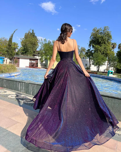 Elegant A Line Spaghetti Straps Sleeveless Zipper Up Floor-Length Prom Dress