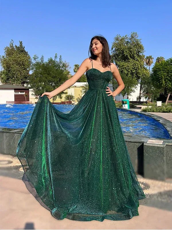 Elegant A Line Spaghetti Straps Sleeveless Zipper Up Floor-Length Prom Dress