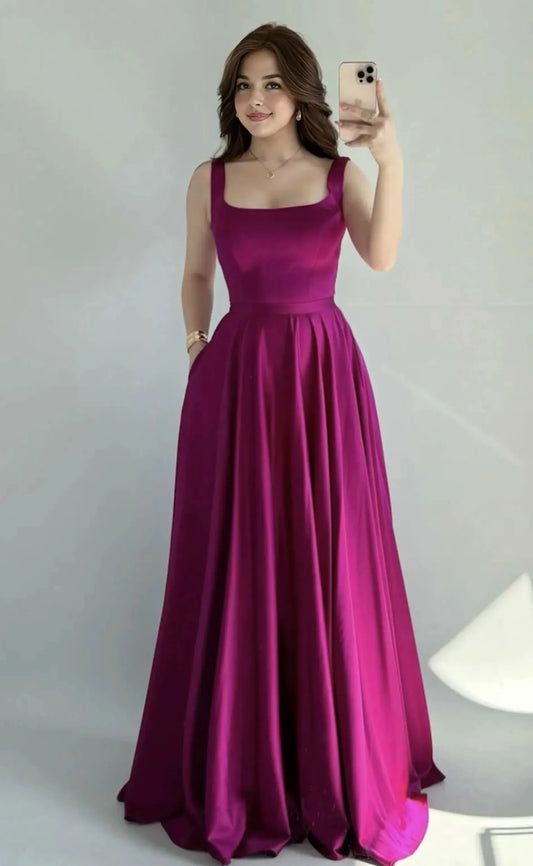 Elegant A Line Square Neck Sleeveless Zipper Back Floor Length Prom Dress