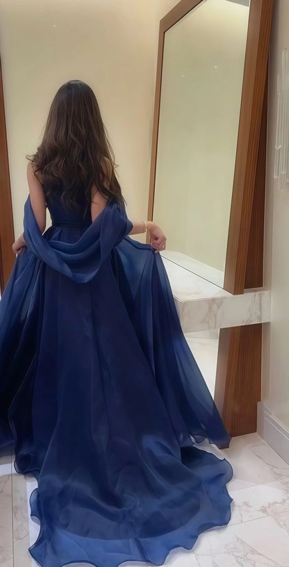 Elegant A Line Strapless Sleeveless Organza Sweep/Brush Train Prom Dress