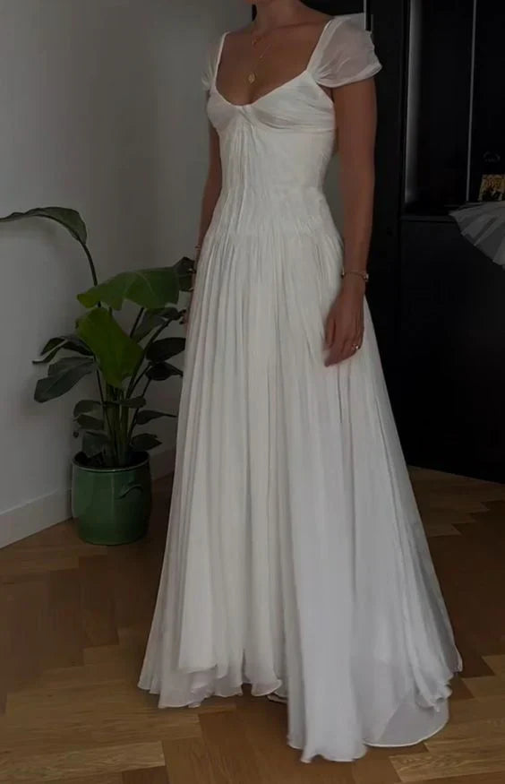 Elegant A Line Sweetheart Cap Sleeve Backless Floor-Length Prom Dress