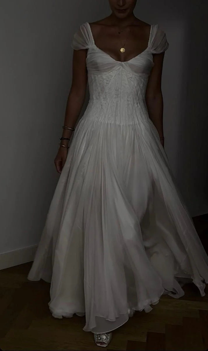 Elegant A Line Sweetheart Cap Sleeve Backless Floor-Length Prom Dress