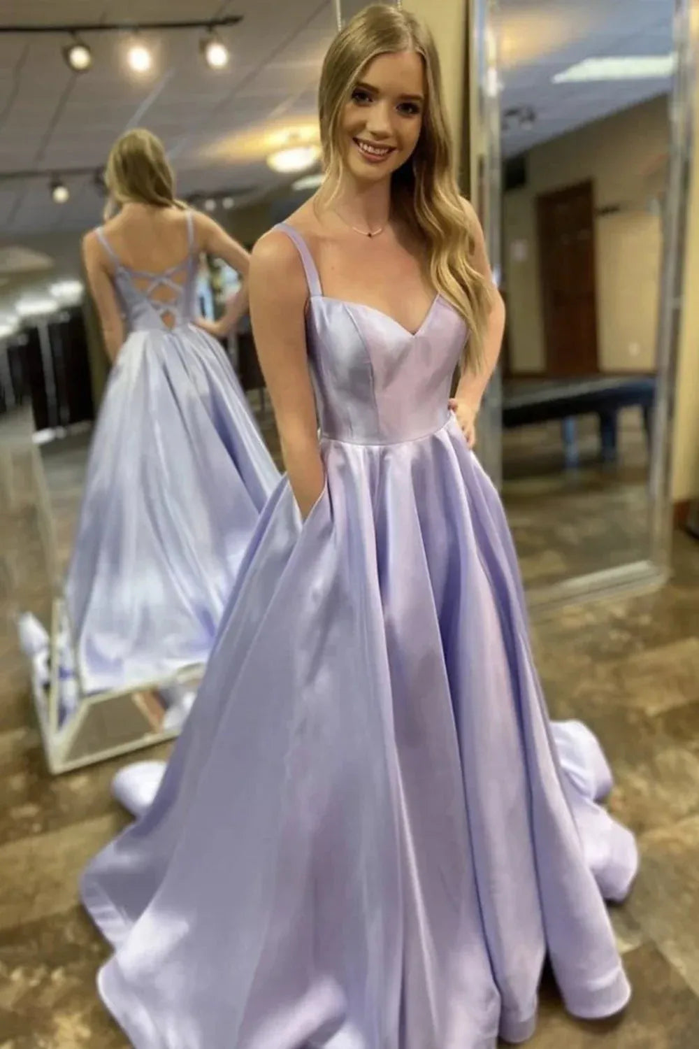 Elegant A Line V Neck Sleeveless Open Back Floor-Length Prom Dress