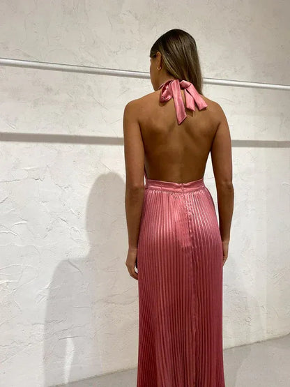 Elegant A line Halter Neck Sleeveless Pleated Satin Ankle-Length Prom Dress