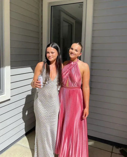 Elegant A line Halter Neck Sleeveless Pleated Satin Ankle-Length Prom Dress