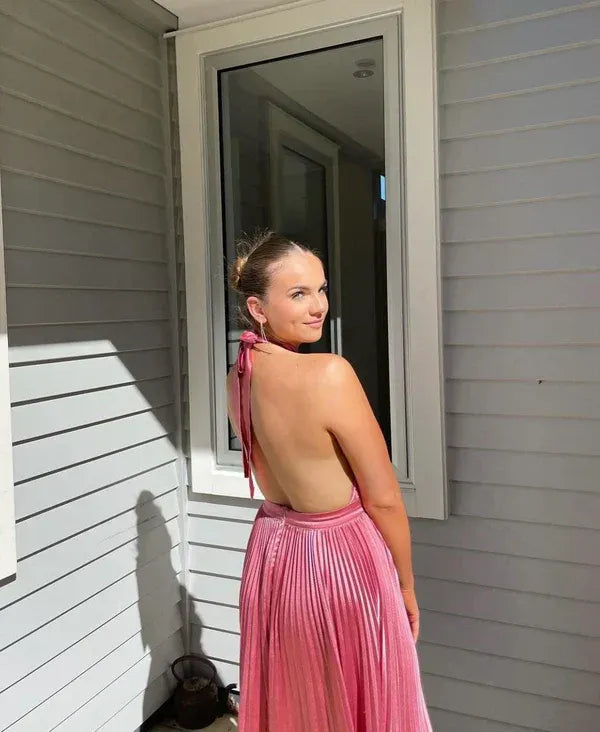 Elegant A line Halter Neck Sleeveless Pleated Satin Ankle-Length Prom Dress