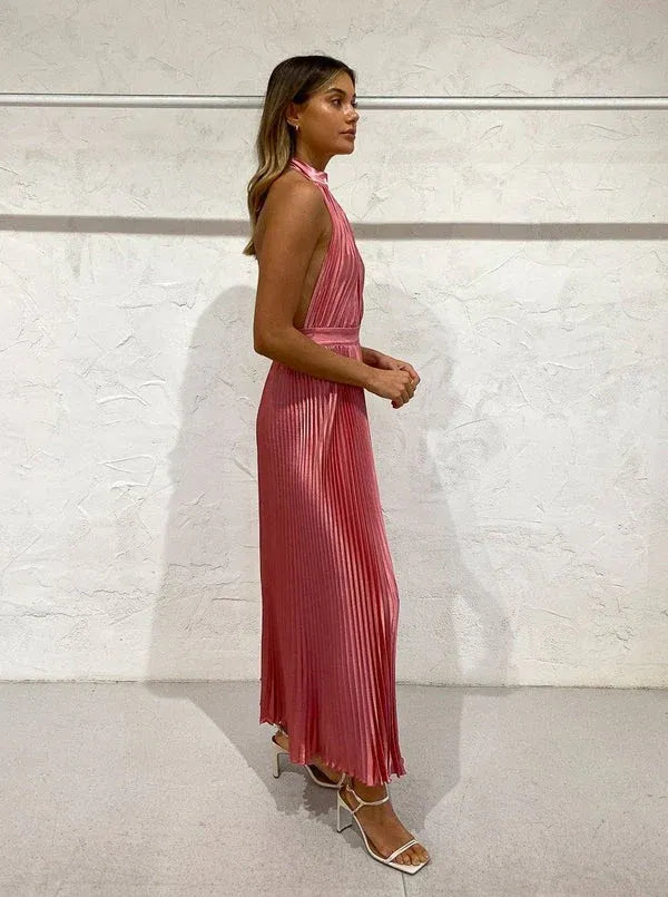 Elegant A line Halter Neck Sleeveless Pleated Satin Ankle-Length Prom Dress