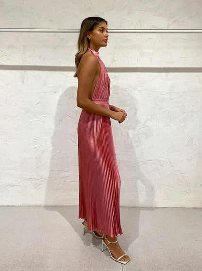 Elegant A line Halter Neck Sleeveless Pleated Satin Ankle-Length Prom Dress