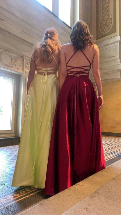 Elegant A line Spaghetti Straps Sleeveless Satin Slit Floor-Length Prom Dress