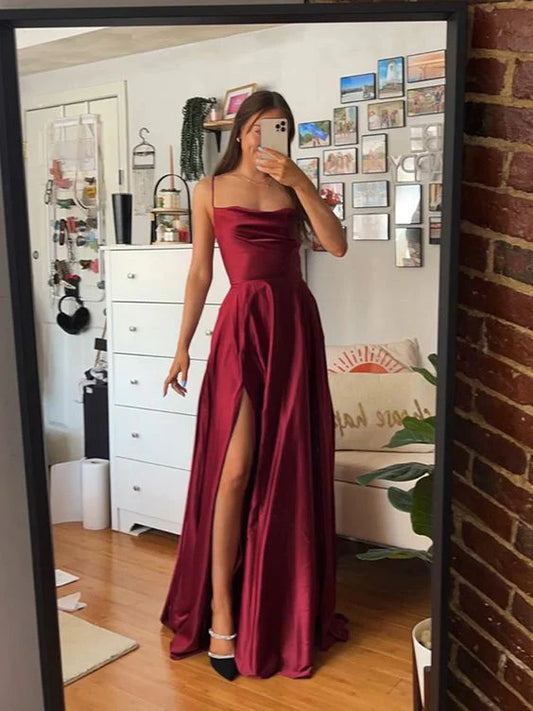 Elegant A line Spaghetti Straps Sleeveless Satin Slit Floor-Length Prom Dress