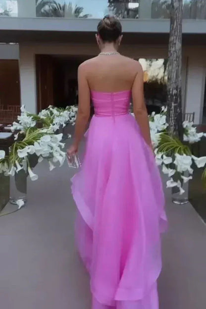 Elegant A line Strapless Sleeveless Organza Floor-Length Prom Dress