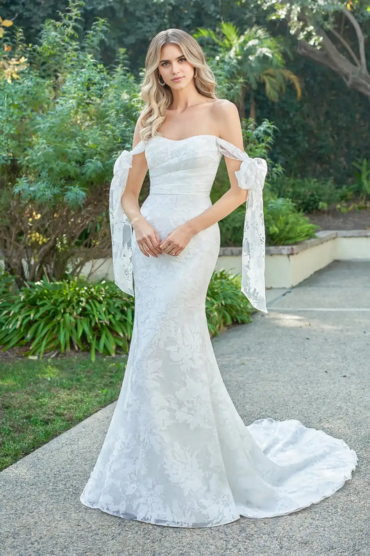 Elegant Alyssa Organza Fit aand Flare Gown with Gathered Bodice and Bow Sash Sleeves