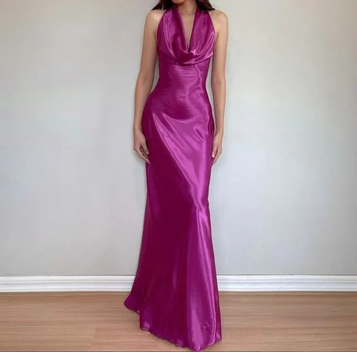 Elegant Ball Gown Cowl Neck Sleeveless Pleated Satin Floor-Length Prom Dress