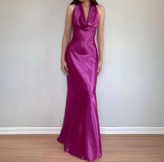Elegant Ball Gown Cowl Neck Sleeveless Pleated Satin Floor-Length Prom Dress