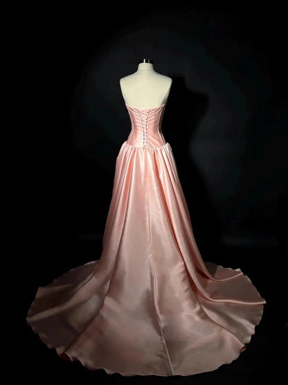 Elegant Ball Gown Strapless Sleeveless Pleated Satin Floor-Length Prom Dress