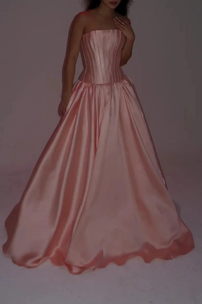 Elegant Ball Gown Strapless Sleeveless Pleated Satin Floor-Length Prom Dress