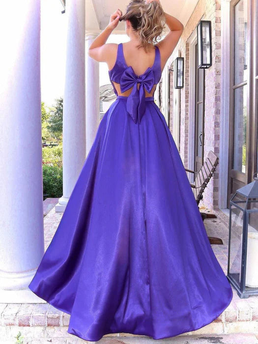 Elegant Ball Gown V-Neck Satin Purple Floor-Length Prom Dress