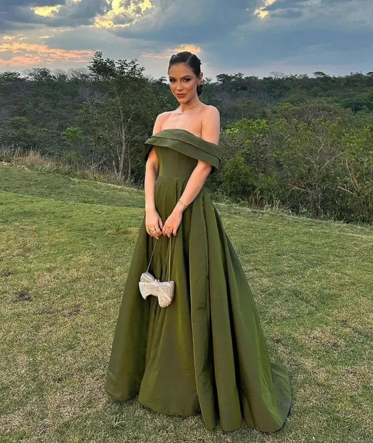 Elegant Ballgown Off-Shoulder Structured Satin Olive Green Maxi Evening Dress for Women